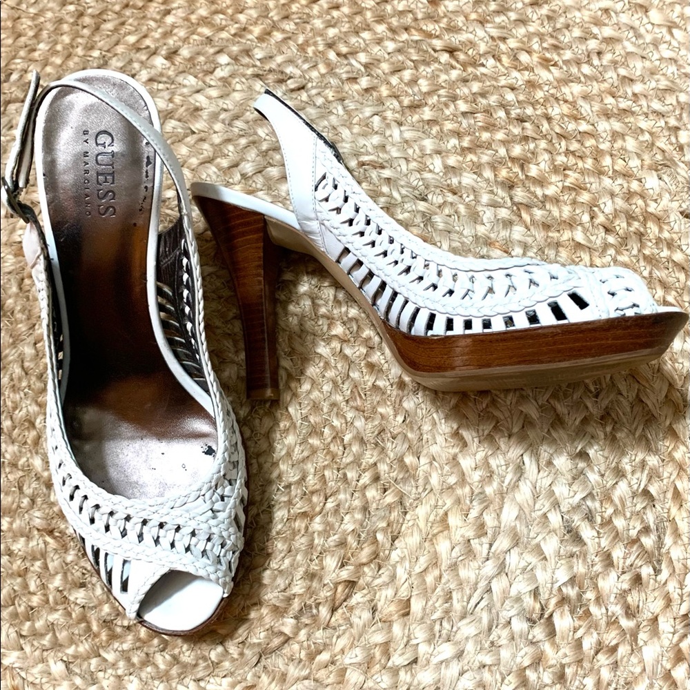Guess White Woven Slingback Heels, Size 8 1/2